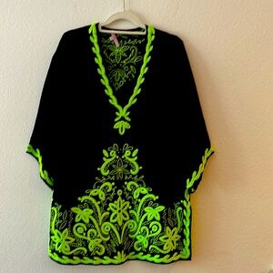 Calypso St Barth black linen tunic with lime embroidery Sz S